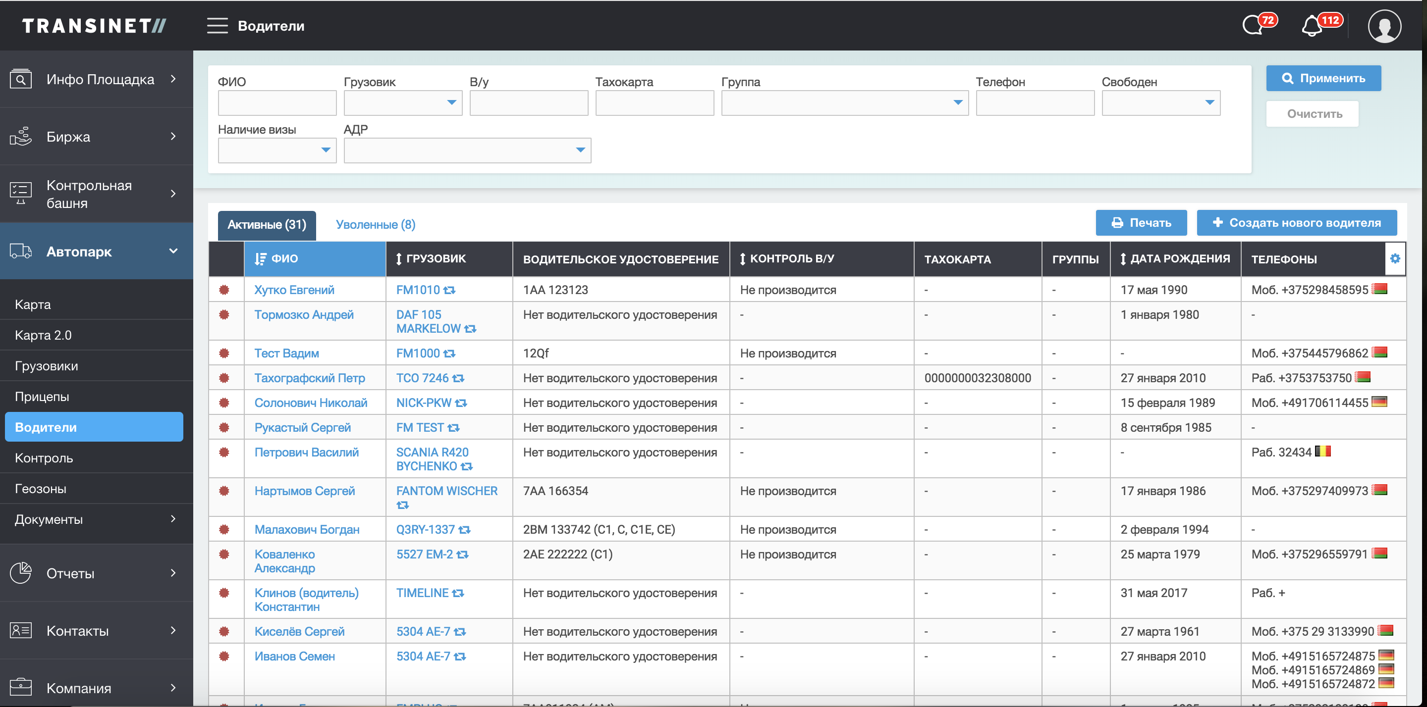 Таблица водителей / Fleet management / Transinet